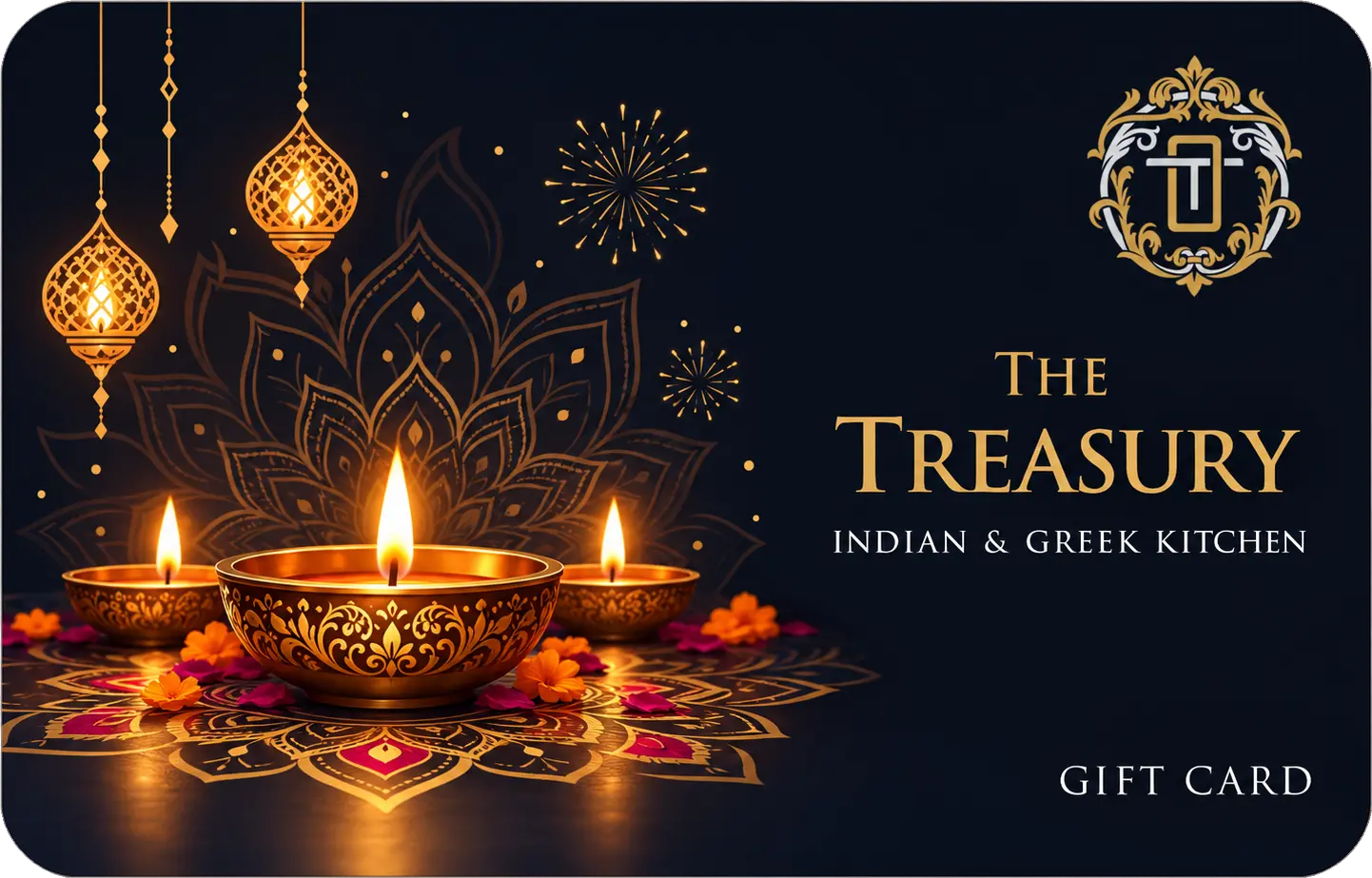 The Treasury Diwali gift card with lit diyas and rangoli