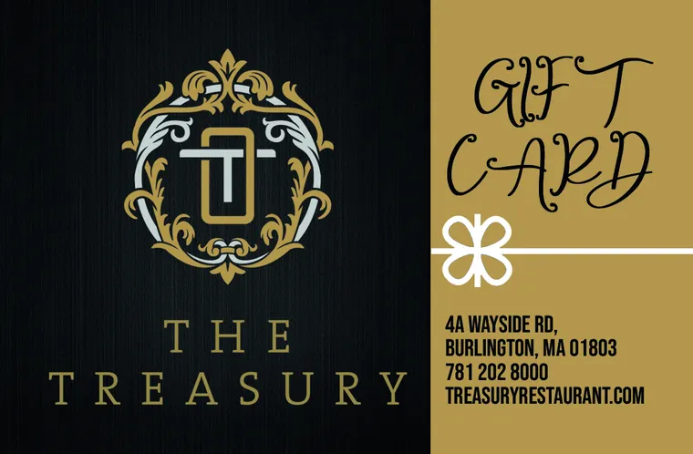 The Treasury black and gold gift card, 4A Wayside Rd, Burlington MA