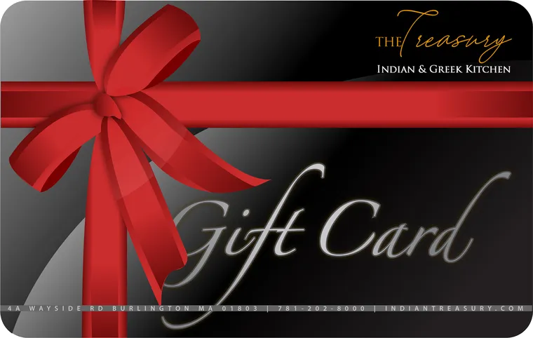 The Treasury Indian & Greek Kitchen gift card with red ribbon