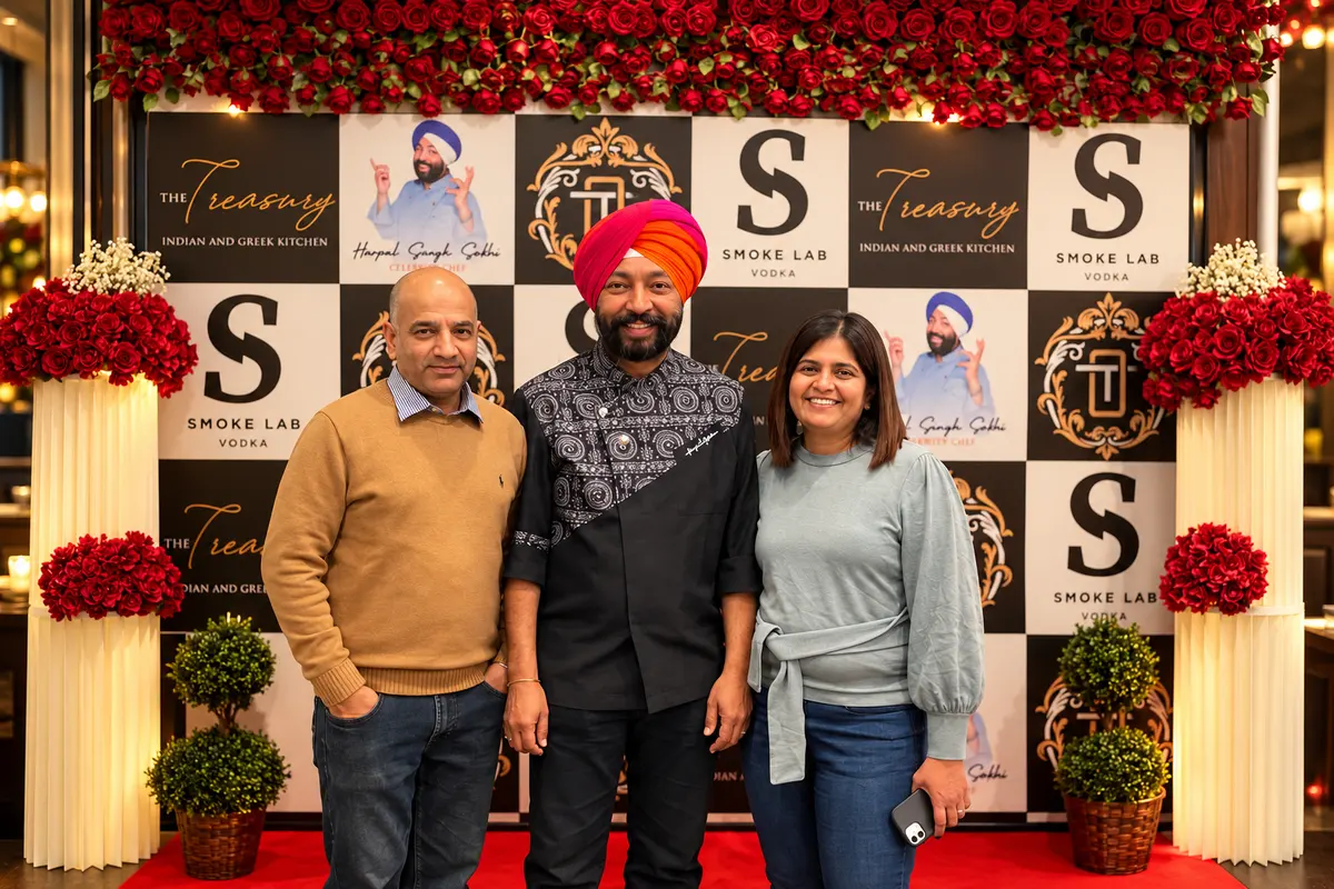 Owners Dev Patil and Sujata Patil with Celebrity Chef Harpal Singh Sokhi at The Treasury, Burlington MA