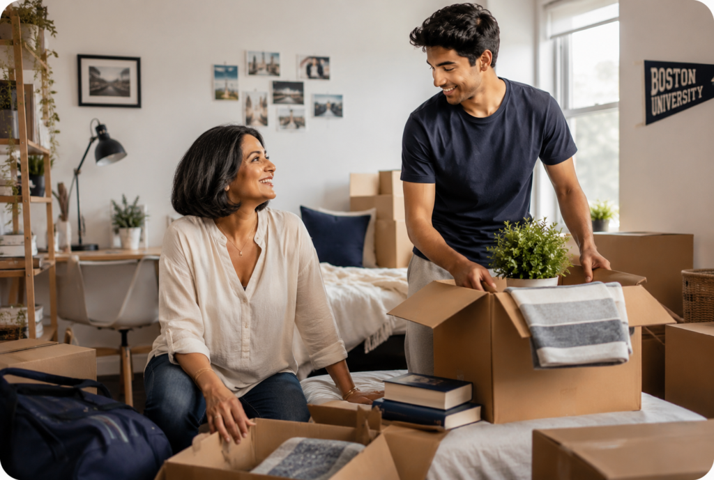 Mother and her college-age son during Boston University move-in